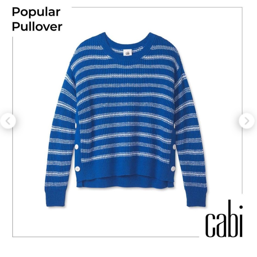 Cabi Iconic Popular Pullover Sweater Blue White Stripe Button Knit Womens Medium